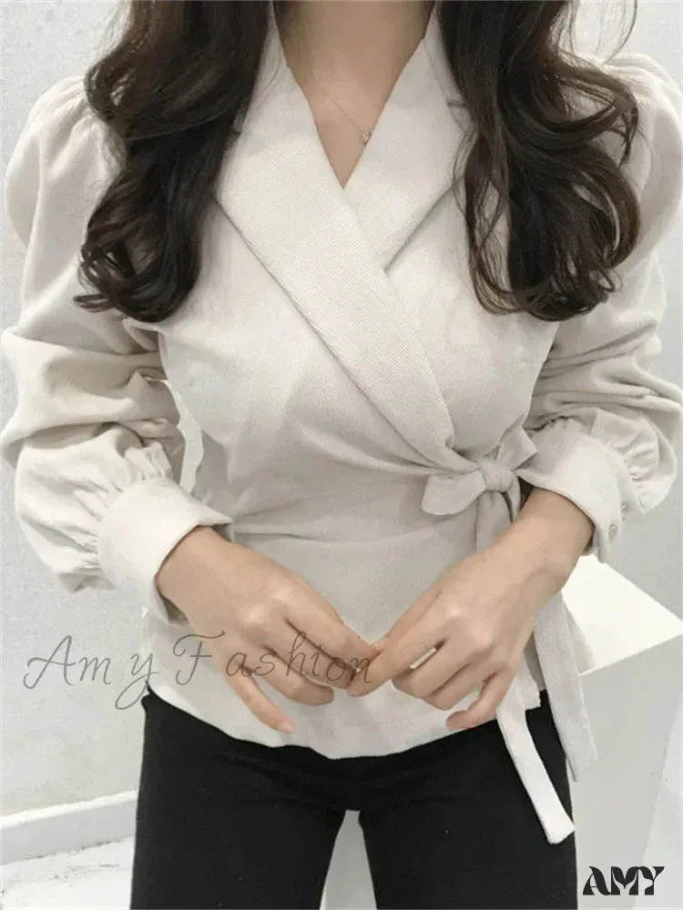 Lace-Up Vintage V-Neck Long Sleeve Elegant Slims Blouse