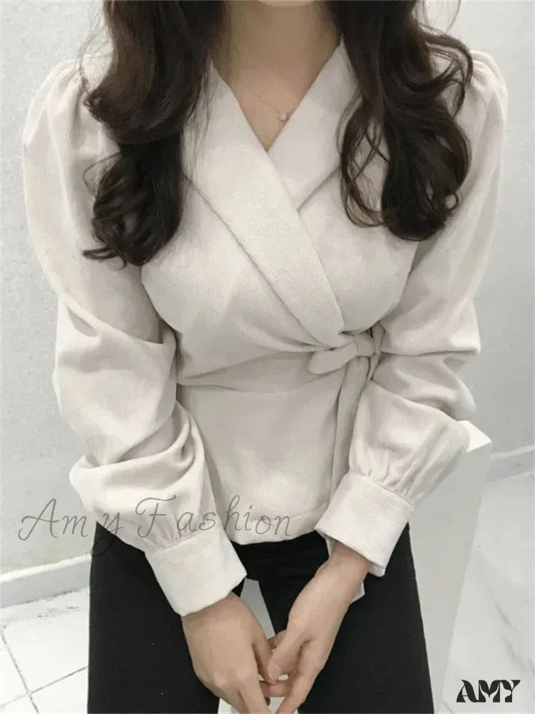 Lace-Up Vintage V-Neck Long Sleeve Elegant Slims Blouse