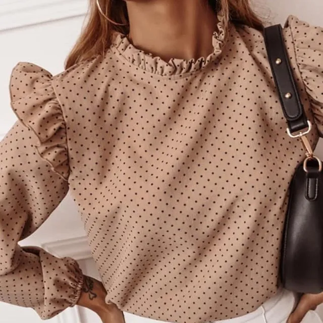 Ladies Polka Dot Print Ruffle Blouse Shirt  Autumn Winter Long Sleeve V-Neck Shirts Tops Elegant Office Women Button Blusas