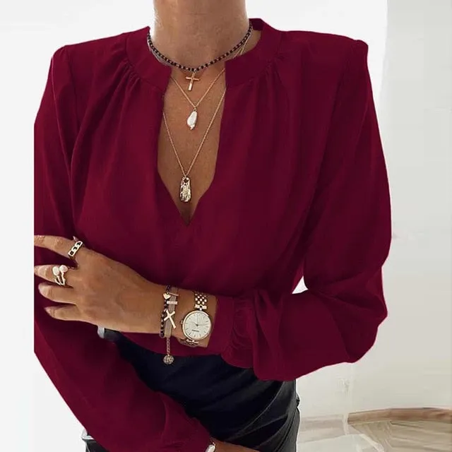 Ladies Polka Dot Print Ruffle Blouse Shirt  Autumn Winter Long Sleeve V-Neck Shirts Tops Elegant Office Women Button Blusas