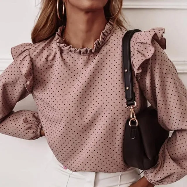 Ladies Polka Dot Print Ruffle Blouse Shirt  Autumn Winter Long Sleeve V-Neck Shirts Tops Elegant Office Women Button Blusas