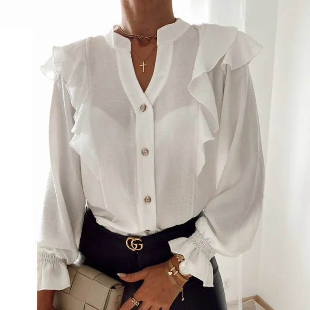 Ladies Polka Dot Print Ruffle Blouse Shirt  Autumn Winter Long Sleeve V-Neck Shirts Tops Elegant Office Women Button Blusas