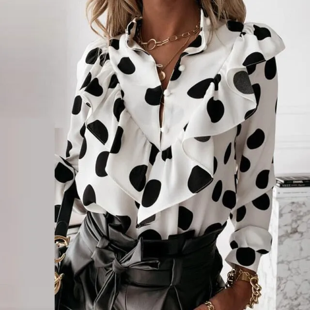 Ladies Polka Dot Print Ruffle Blouse Shirt  Autumn Winter Long Sleeve V-Neck Shirts Tops Elegant Office Women Button Blusas