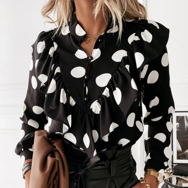 Ladies Polka Dot Print Ruffle Blouse Shirt  Autumn Winter Long Sleeve V-Neck Shirts Tops Elegant Office Women Button Blusas