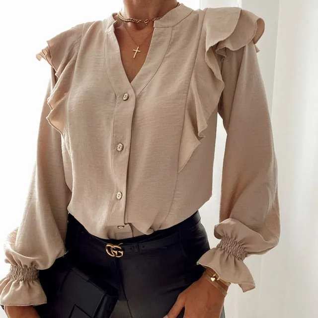 Ladies Polka Dot Print Ruffle Blouse Shirt  Autumn Winter Long Sleeve V-Neck Shirts Tops Elegant Office Women Button Blusas