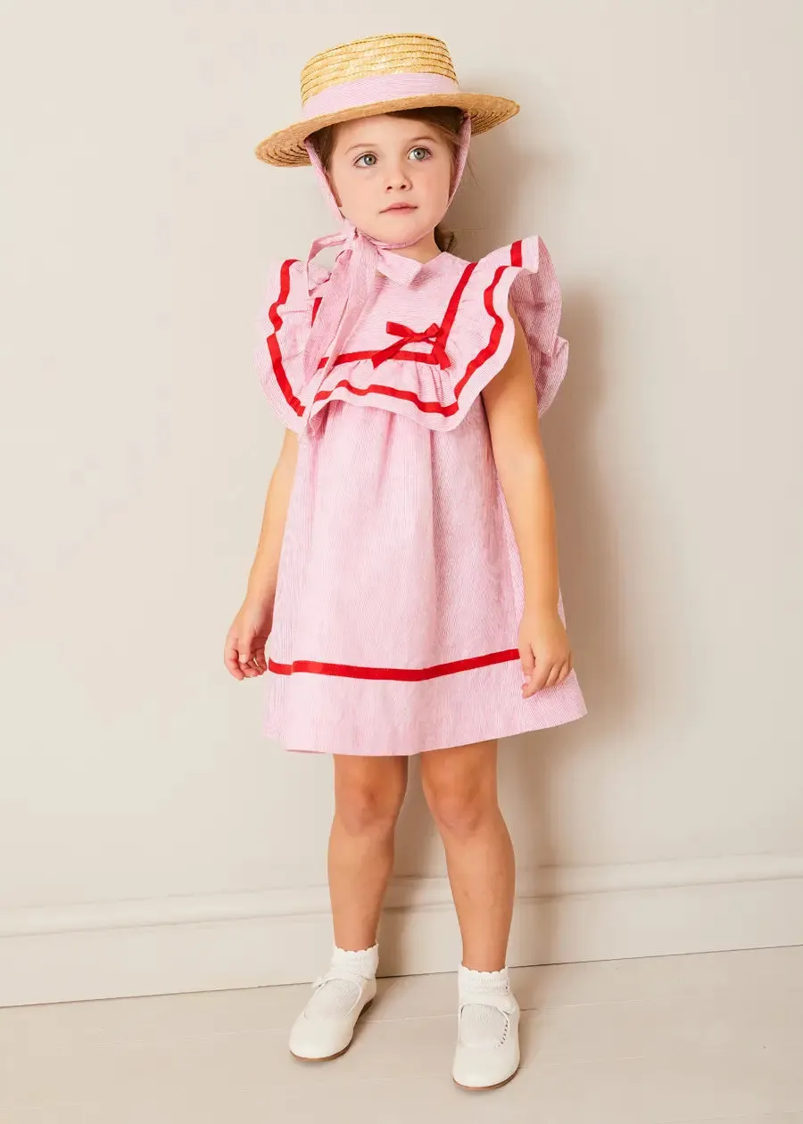 Lawrence Striped Ruffle Bib Sleeveless Dress in Red (12mths-8yrs)