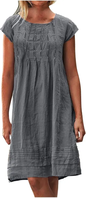 Linen Dresses for Women 2025 Pleated Summer Midi Dresses Cap Sleeve Flowy Dress Beach Vacation Casual Mini Dress