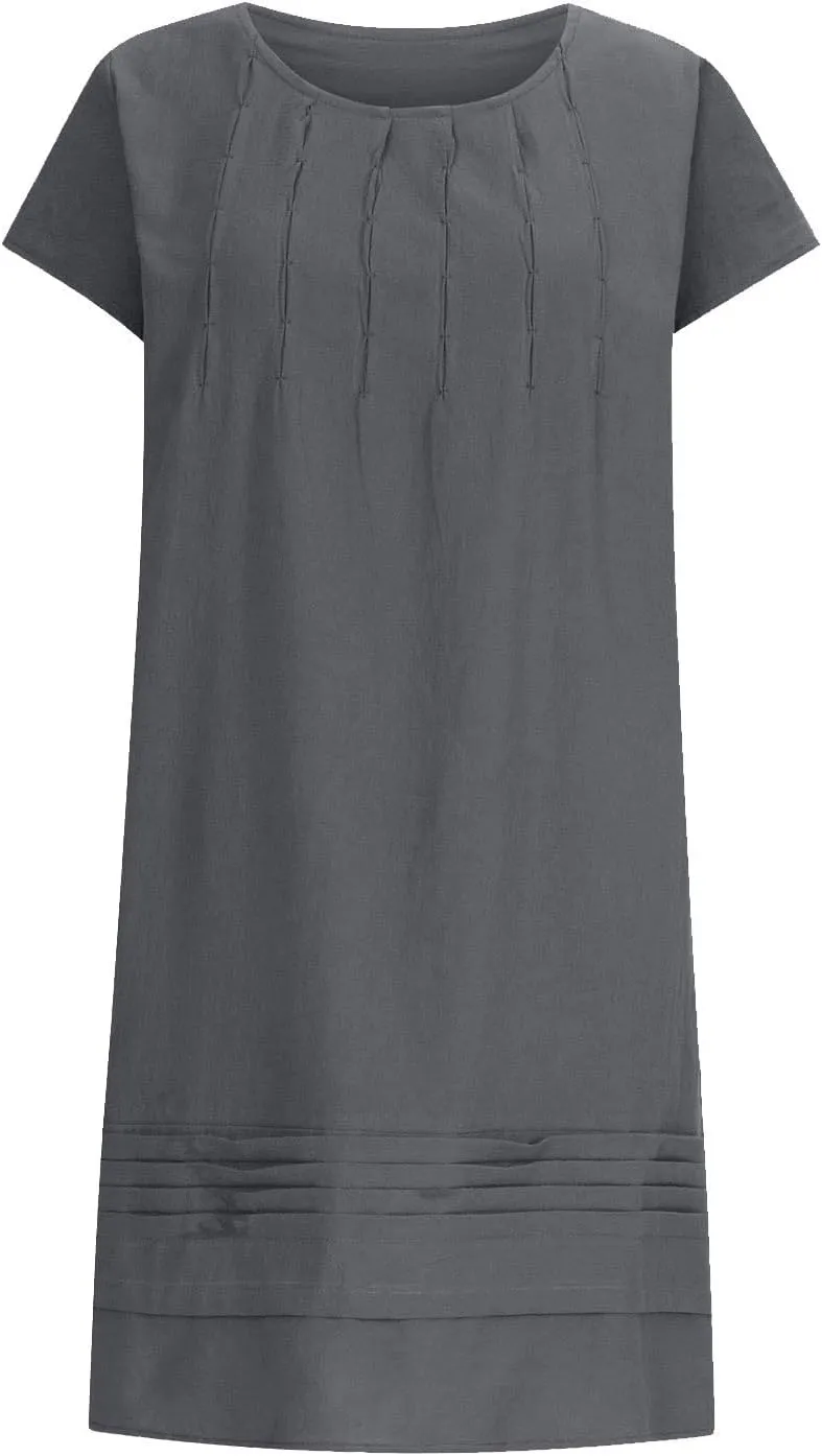 Linen Dresses for Women 2025 Pleated Summer Midi Dresses Cap Sleeve Flowy Dress Beach Vacation Casual Mini Dress