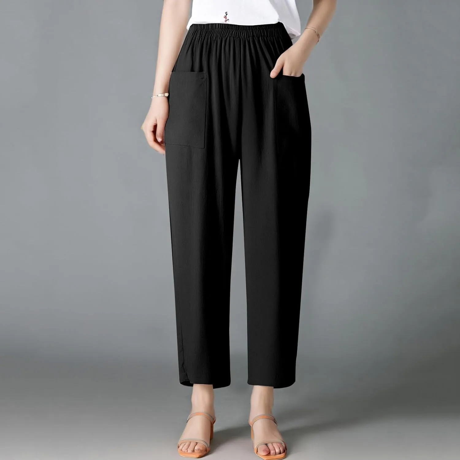 Linen Pants Women Summer Palazzo Pants Elastic High Waist Trouser Travel Wide Leg Pant with Pockets (S-2Xl)