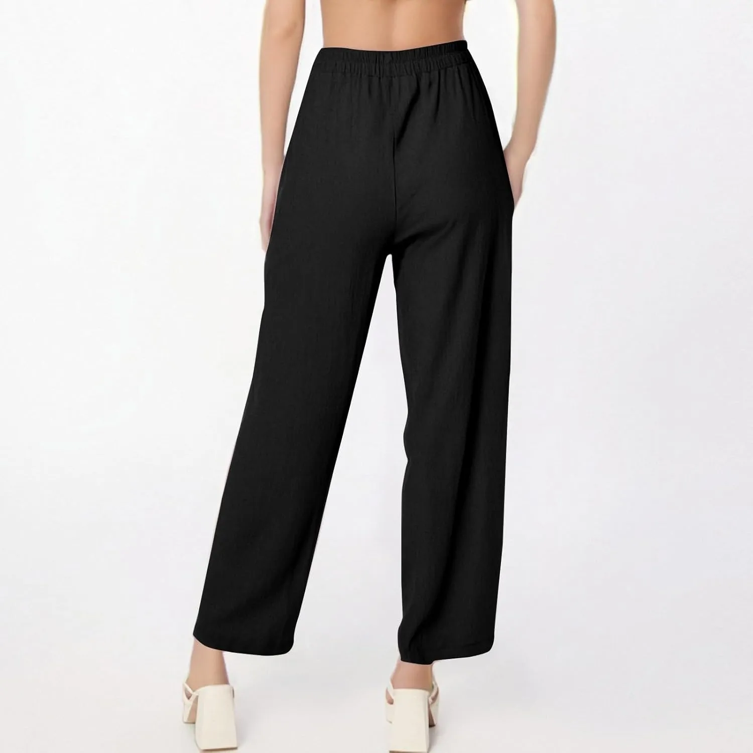 Linen Pants Women Summer Palazzo Pants Elastic High Waist Trouser Travel Wide Leg Pant with Pockets (S-2Xl)