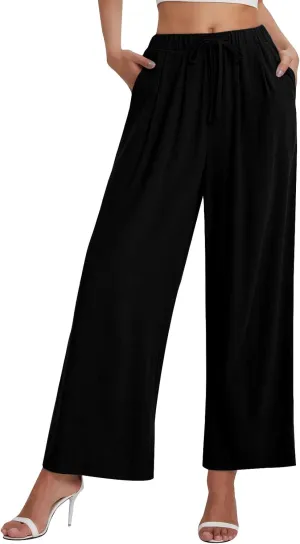 Linen Pants Women Wide Leg Flowy Boho Pants Lounge Pants Loose Fit with Pockets Palazzo Pants Beach