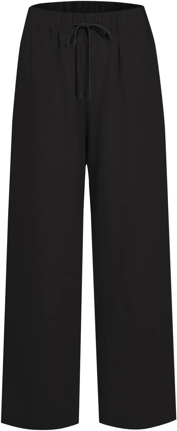 Linen Pants Women Wide Leg Flowy Boho Pants Lounge Pants Loose Fit with Pockets Palazzo Pants Beach