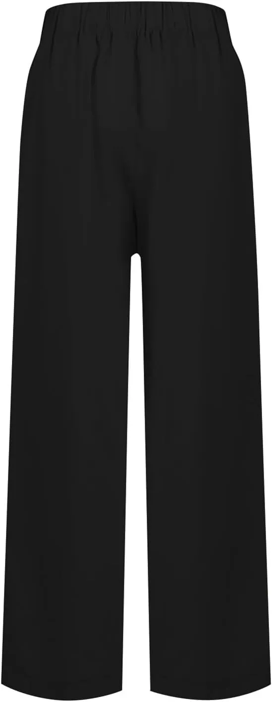 Linen Pants Women Wide Leg Flowy Boho Pants Lounge Pants Loose Fit with Pockets Palazzo Pants Beach