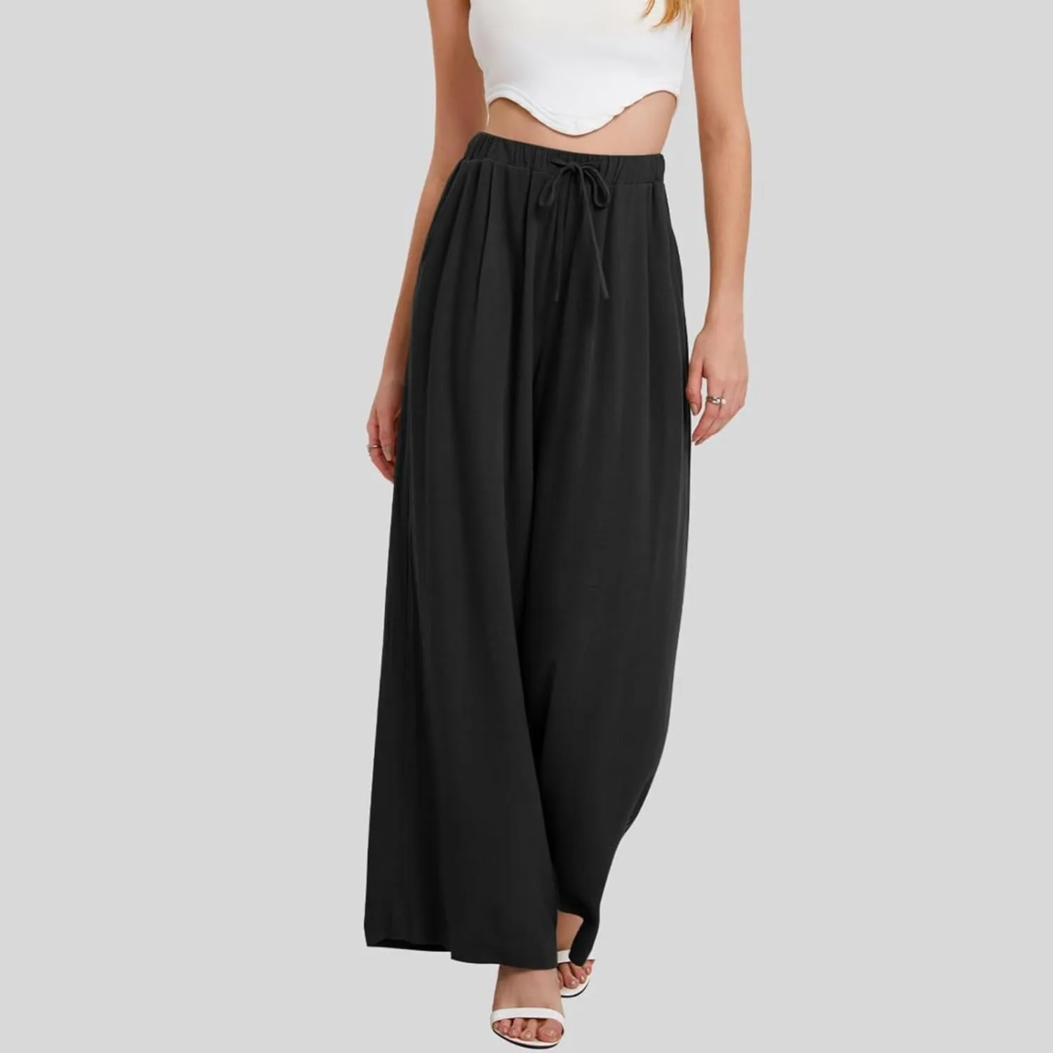 Linen Pants Women Wide Leg Flowy Boho Pants Lounge Pants Loose Fit with Pockets Palazzo Pants Beach