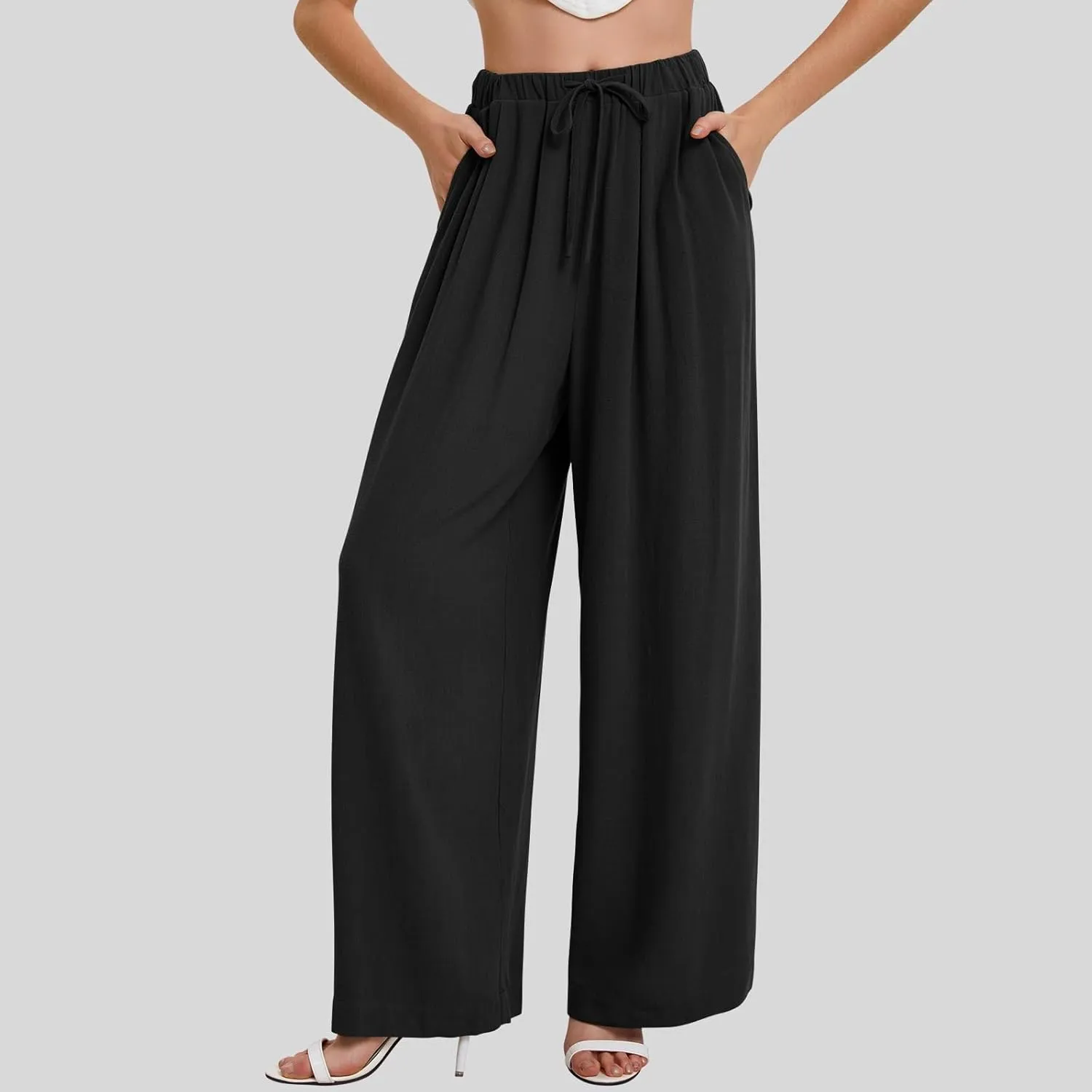 Linen Pants Women Wide Leg Flowy Boho Pants Lounge Pants Loose Fit with Pockets Palazzo Pants Beach