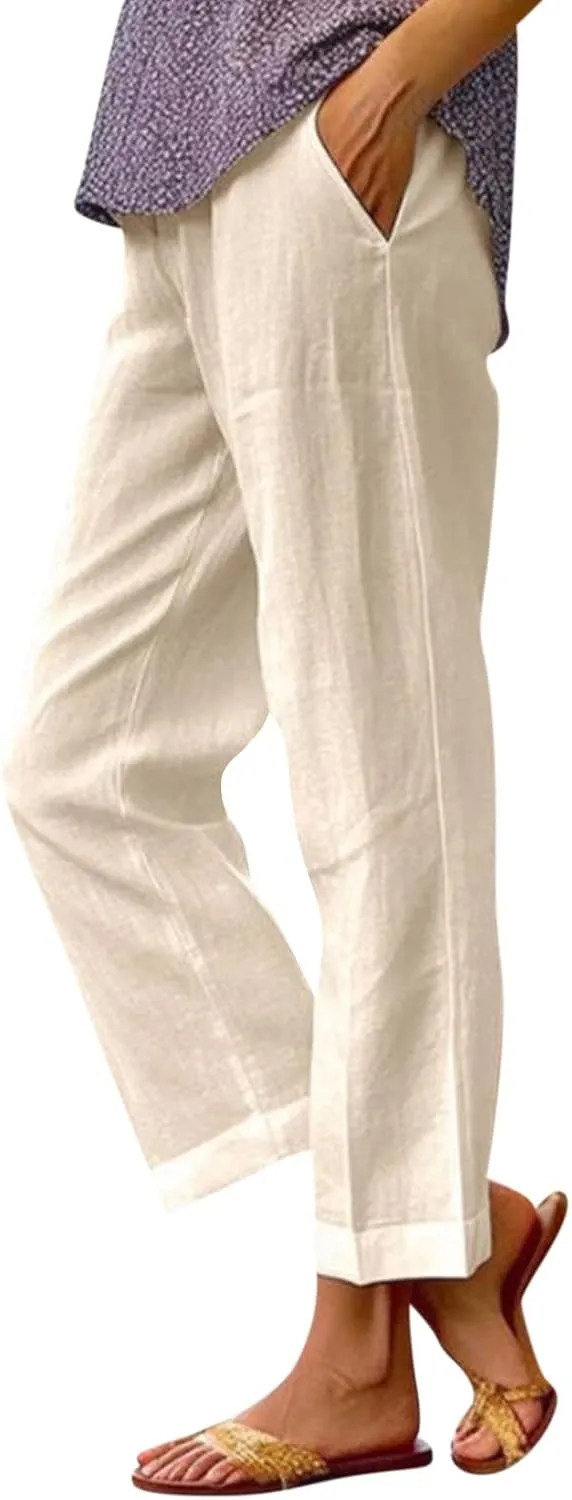 Linen Pants Womens Summer Pants Wide Leg Pants Casual with Pockets Elastic Waist Straight Leg Pants Beach Trousers