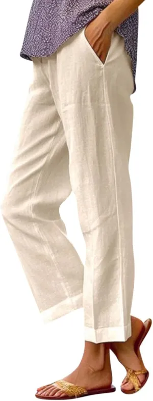 Linen Pants Womens Summer Pants Wide Leg Pants Casual with Pockets Elastic Waist Straight Leg Pants Beach Trousers