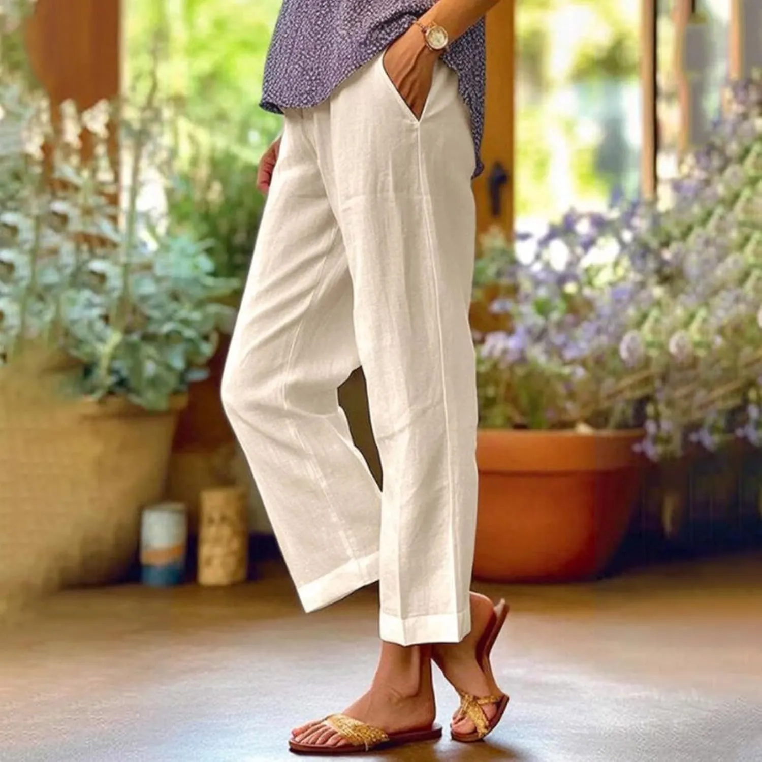 Linen Pants Womens Summer Pants Wide Leg Pants Casual with Pockets Elastic Waist Straight Leg Pants Beach Trousers