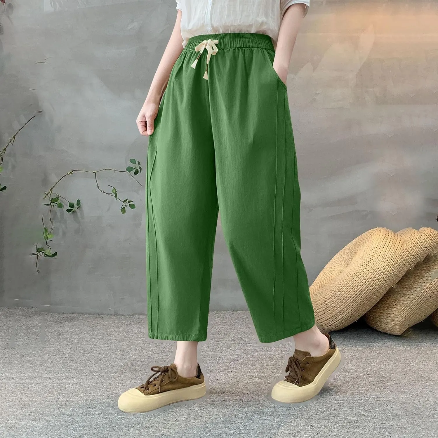 Lmdudan Women Linen Cotton Capri Pants Loose Fit Elastic Waist Wide Leg Baggy Pants 2025 Summer Drawstring Cropped Trousers
