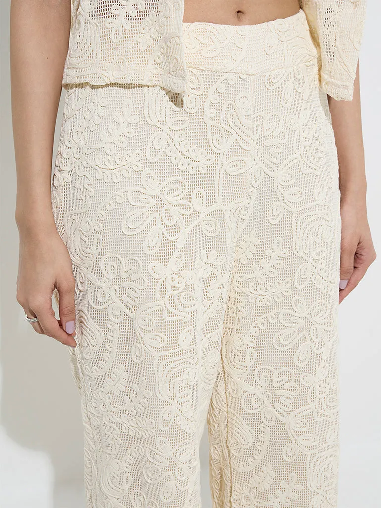 LOV Off-White Floral Lace Design Mid-Rise Cotton Trousers