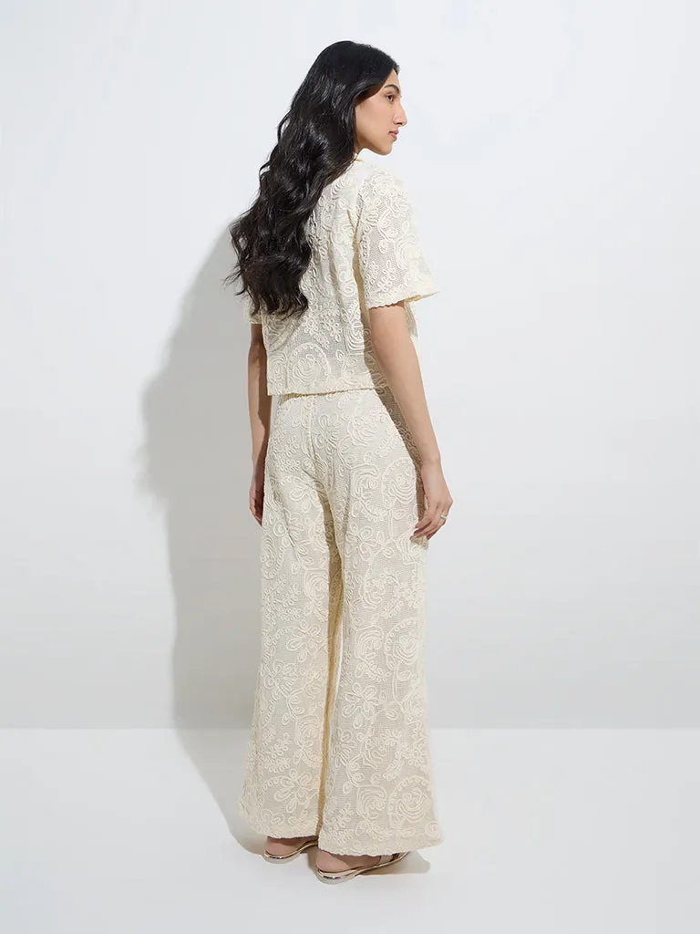 LOV Off-White Floral Lace Design Mid-Rise Cotton Trousers