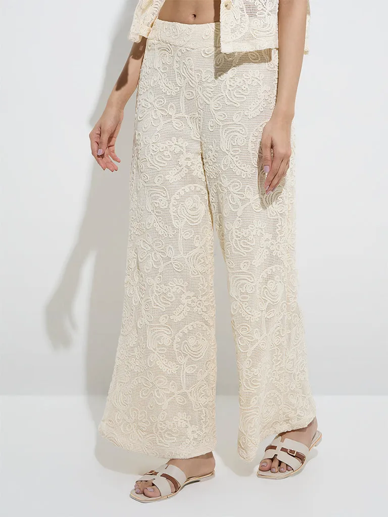 LOV Off-White Floral Lace Design Mid-Rise Cotton Trousers