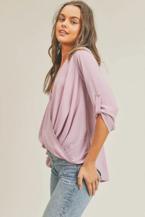 Lush Tab Sleeve Surplice V-Neck 3/4 Sleeve Blouse