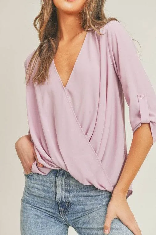 Lush Tab Sleeve Surplice V-Neck 3/4 Sleeve Blouse