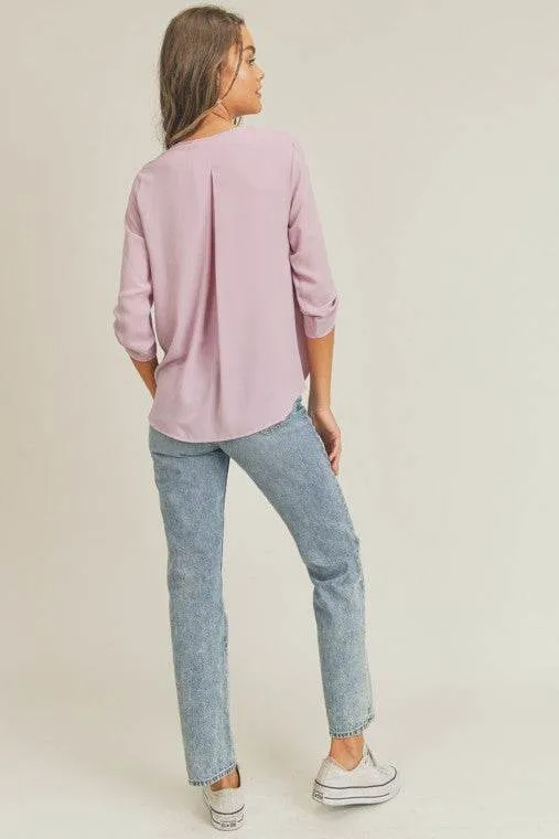 Lush Tab Sleeve Surplice V-Neck 3/4 Sleeve Blouse