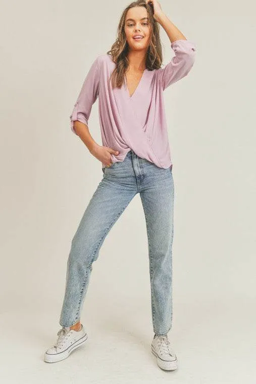 Lush Tab Sleeve Surplice V-Neck 3/4 Sleeve Blouse