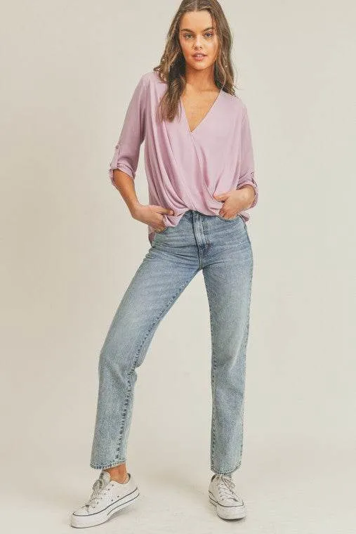 Lush Tab Sleeve Surplice V-Neck 3/4 Sleeve Blouse
