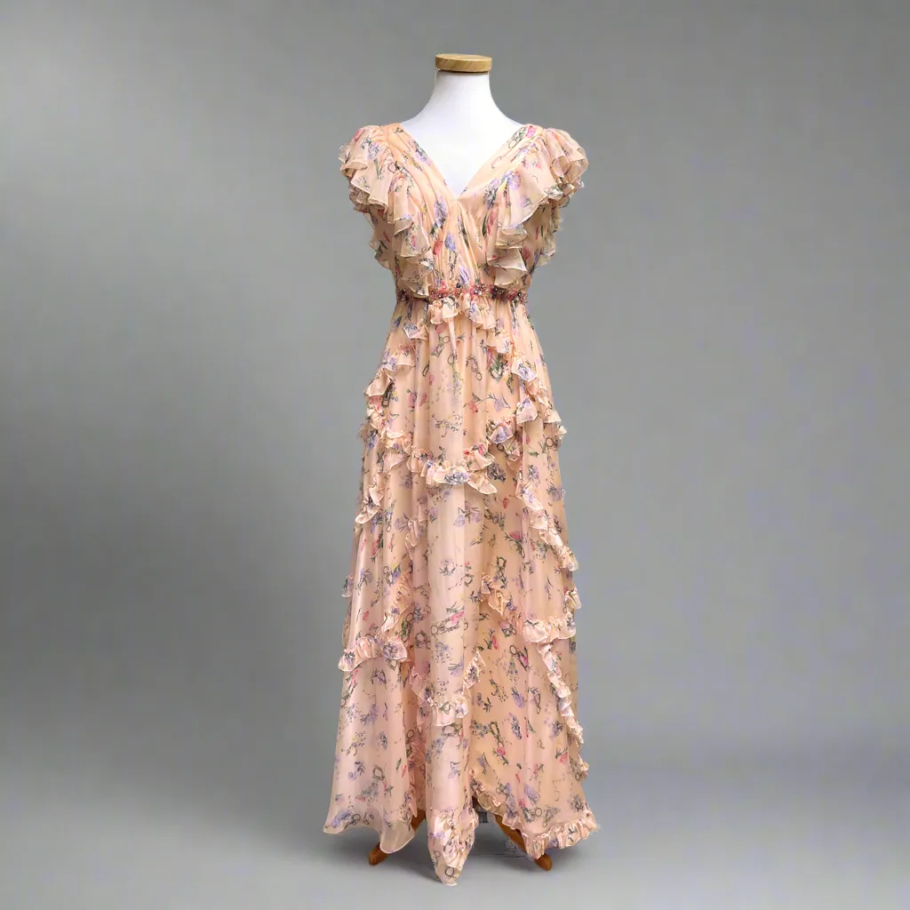 MacDuggal peach floral dress, size 6
