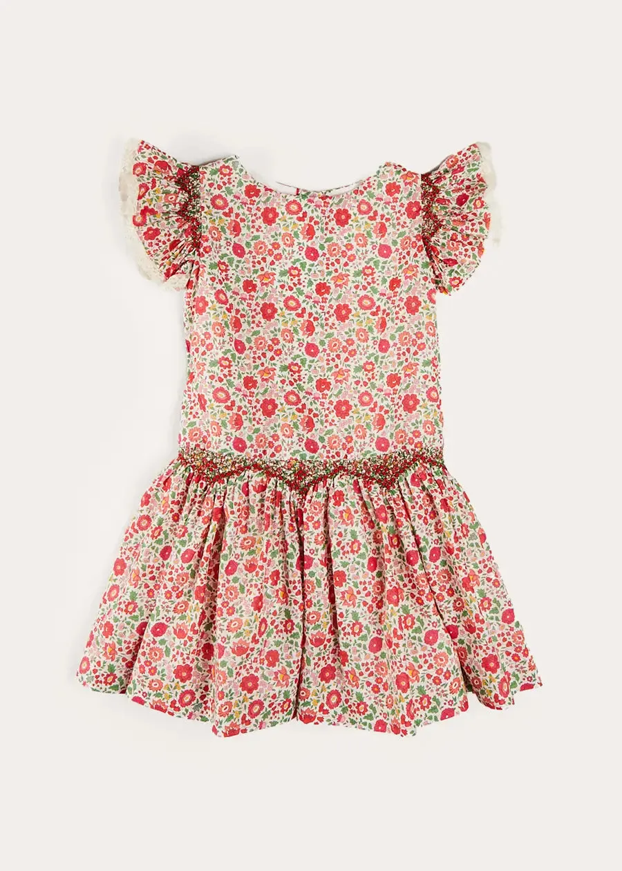 Margot Floral Sleeveless Hand-Smocked Dress in Red Made with Liberty Fabric (4-12yrs)