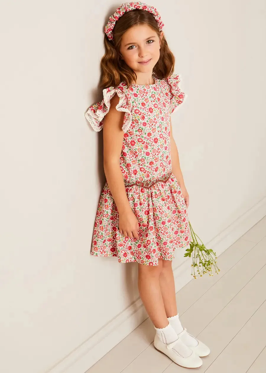 Margot Floral Sleeveless Hand-Smocked Dress in Red Made with Liberty Fabric (4-12yrs)