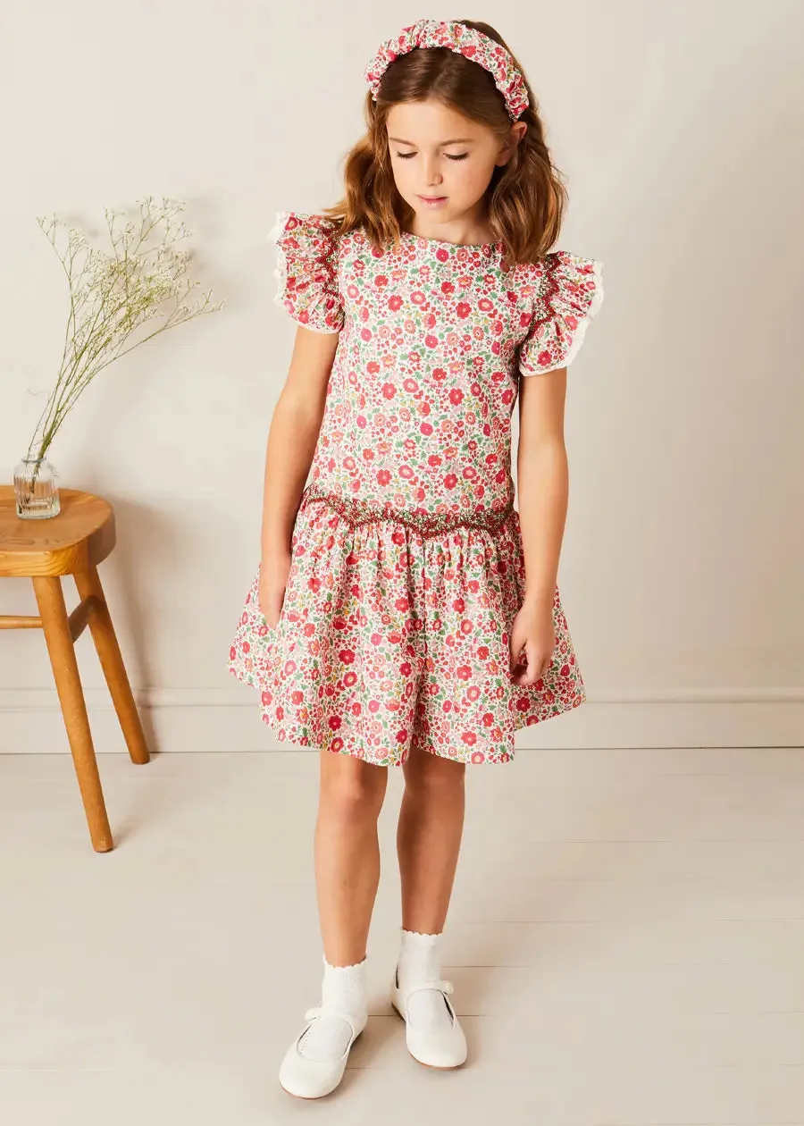 Margot Floral Sleeveless Hand-Smocked Dress in Red Made with Liberty Fabric (4-12yrs)