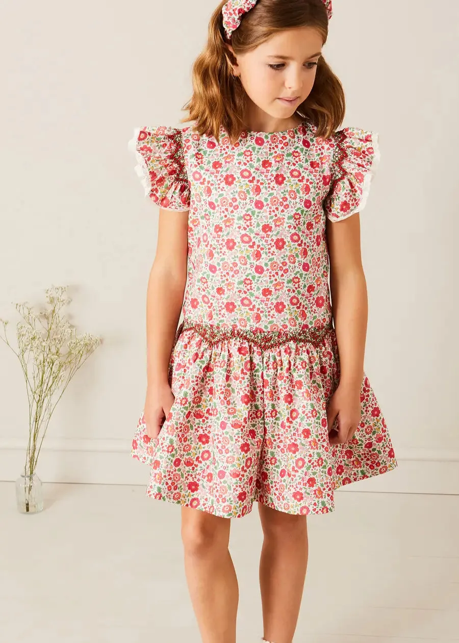 Margot Floral Sleeveless Hand-Smocked Dress in Red Made with Liberty Fabric (4-12yrs)