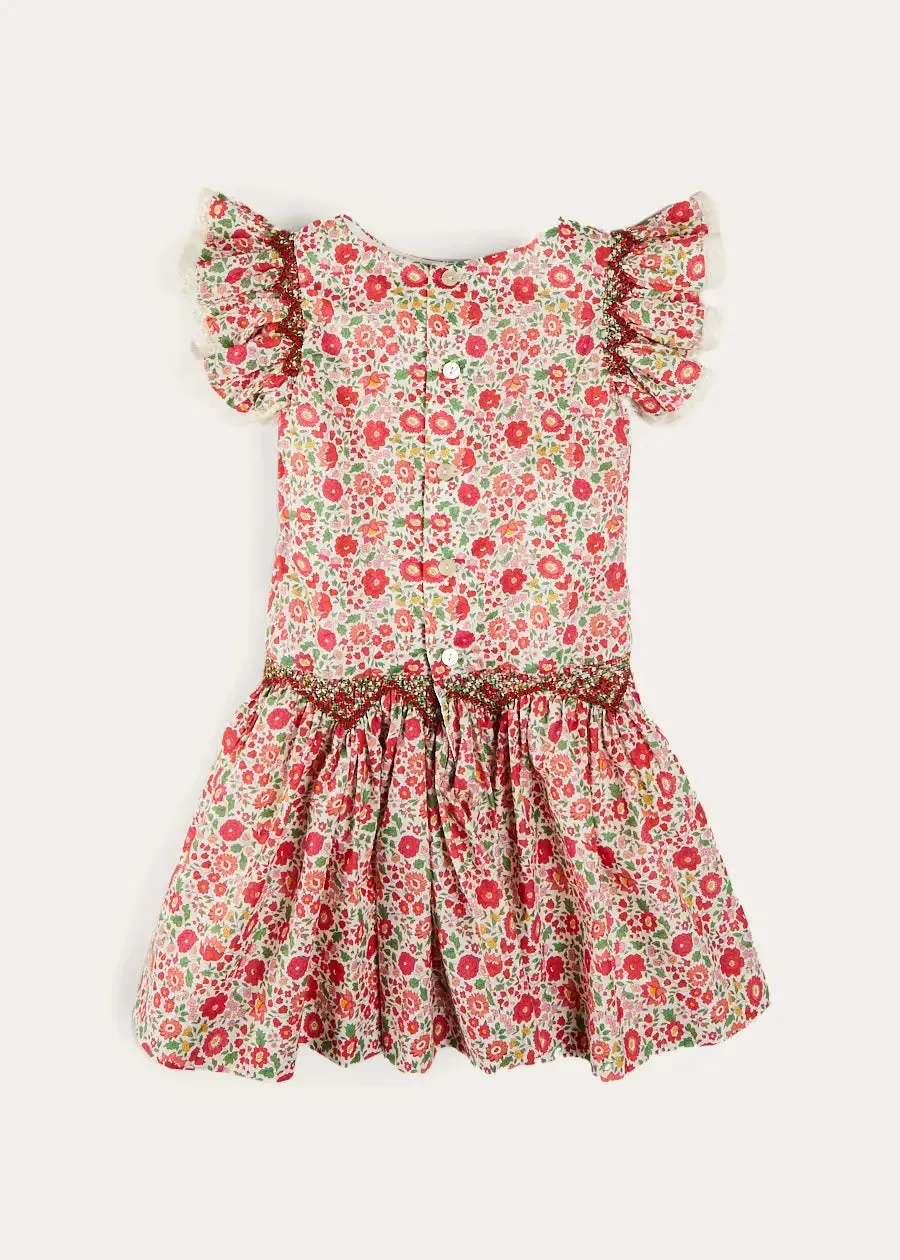 Margot Floral Sleeveless Hand-Smocked Dress in Red Made with Liberty Fabric (4-12yrs)