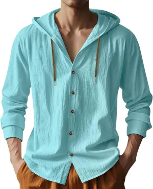 Men Cotton Linen Long Sleeve Button Down Shirt Summer Casual Hawaiian Beach Tops Lightweight Fashion Hoodies