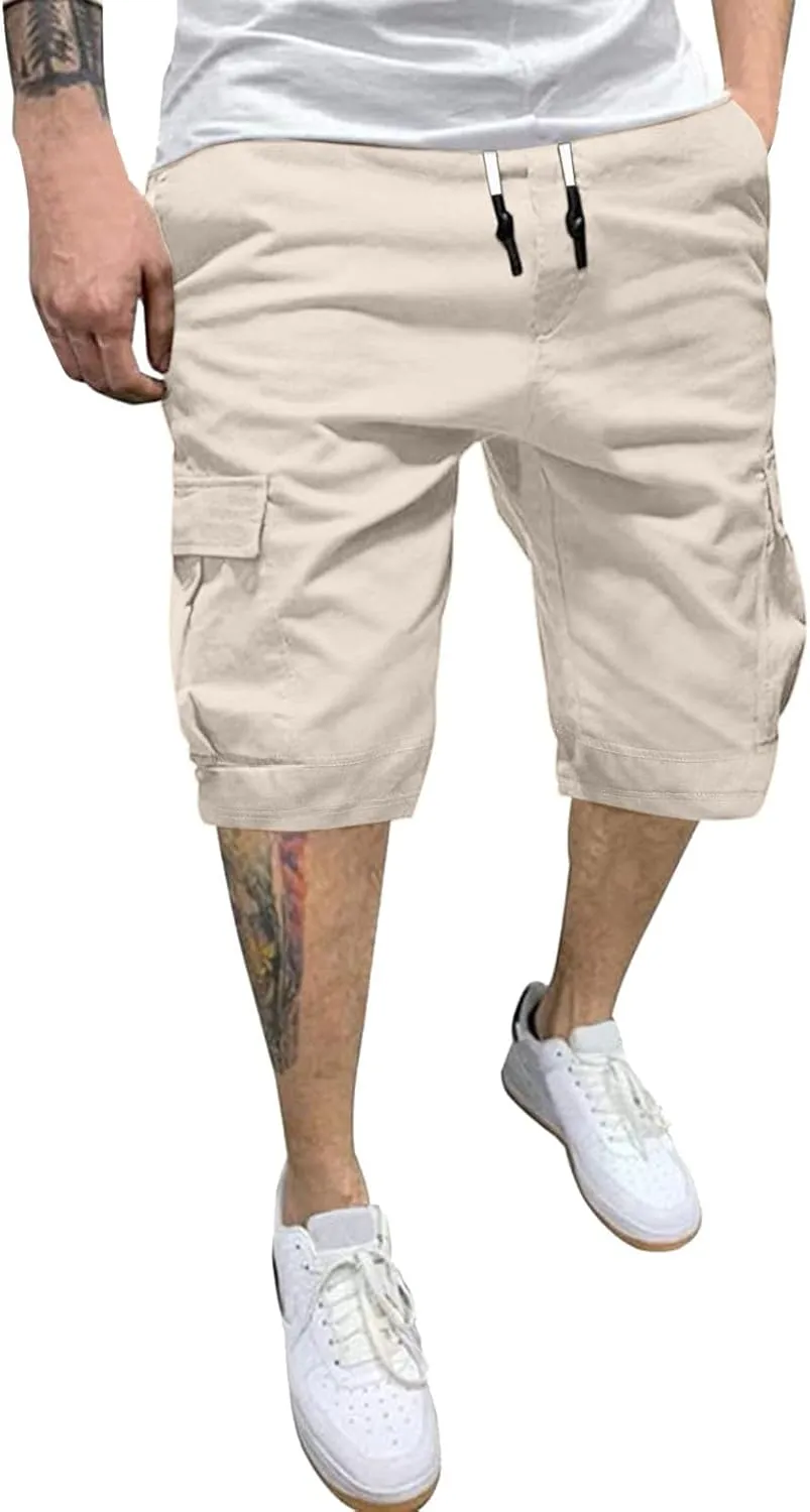 Mens Cargo Shorts Casual Summer Outdoor Hiking Work Shorts with Multi Pockets Fashionable Drawstring Woven Workout Shorts