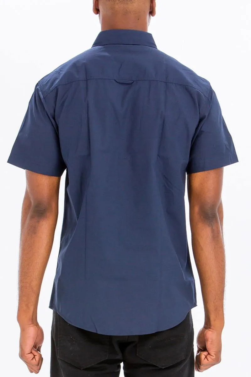 Men's Short Sleeve Navy Button Down Shirt With Dual Chest Pockets