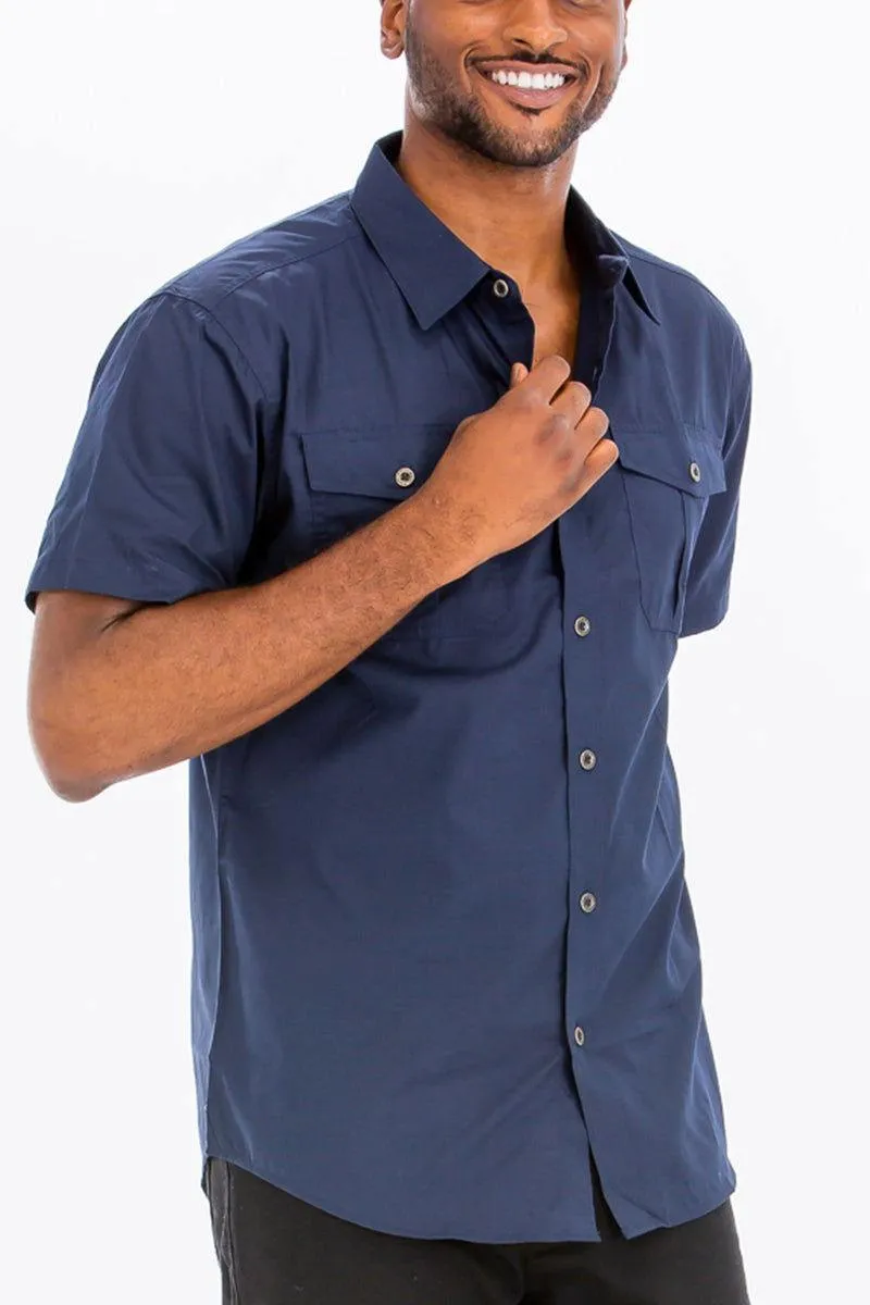 Men's Short Sleeve Navy Button Down Shirt With Dual Chest Pockets