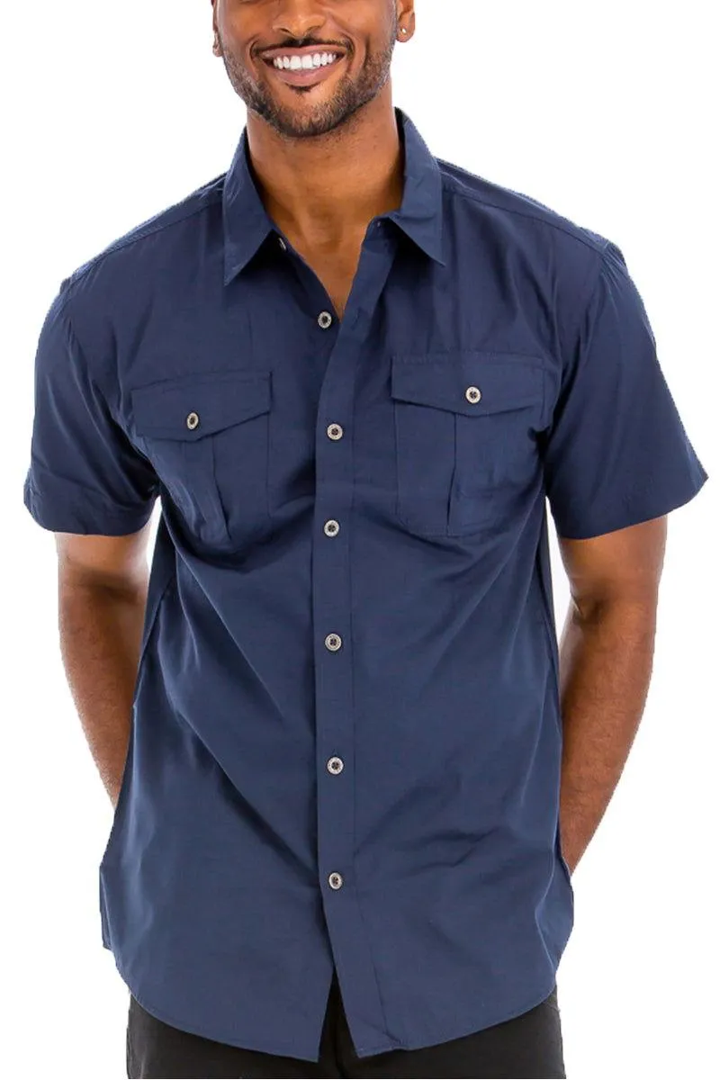 Men's Short Sleeve Navy Button Down Shirt With Dual Chest Pockets