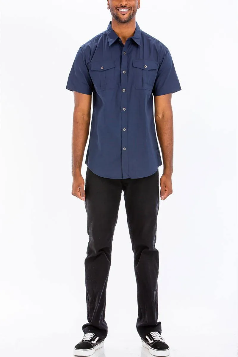 Men's Short Sleeve Navy Button Down Shirt With Dual Chest Pockets