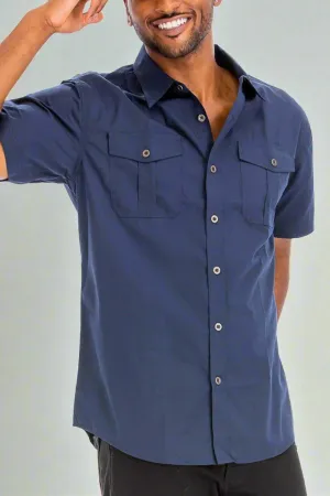 Men's Short Sleeve Navy Button Down Shirt With Dual Chest Pockets
