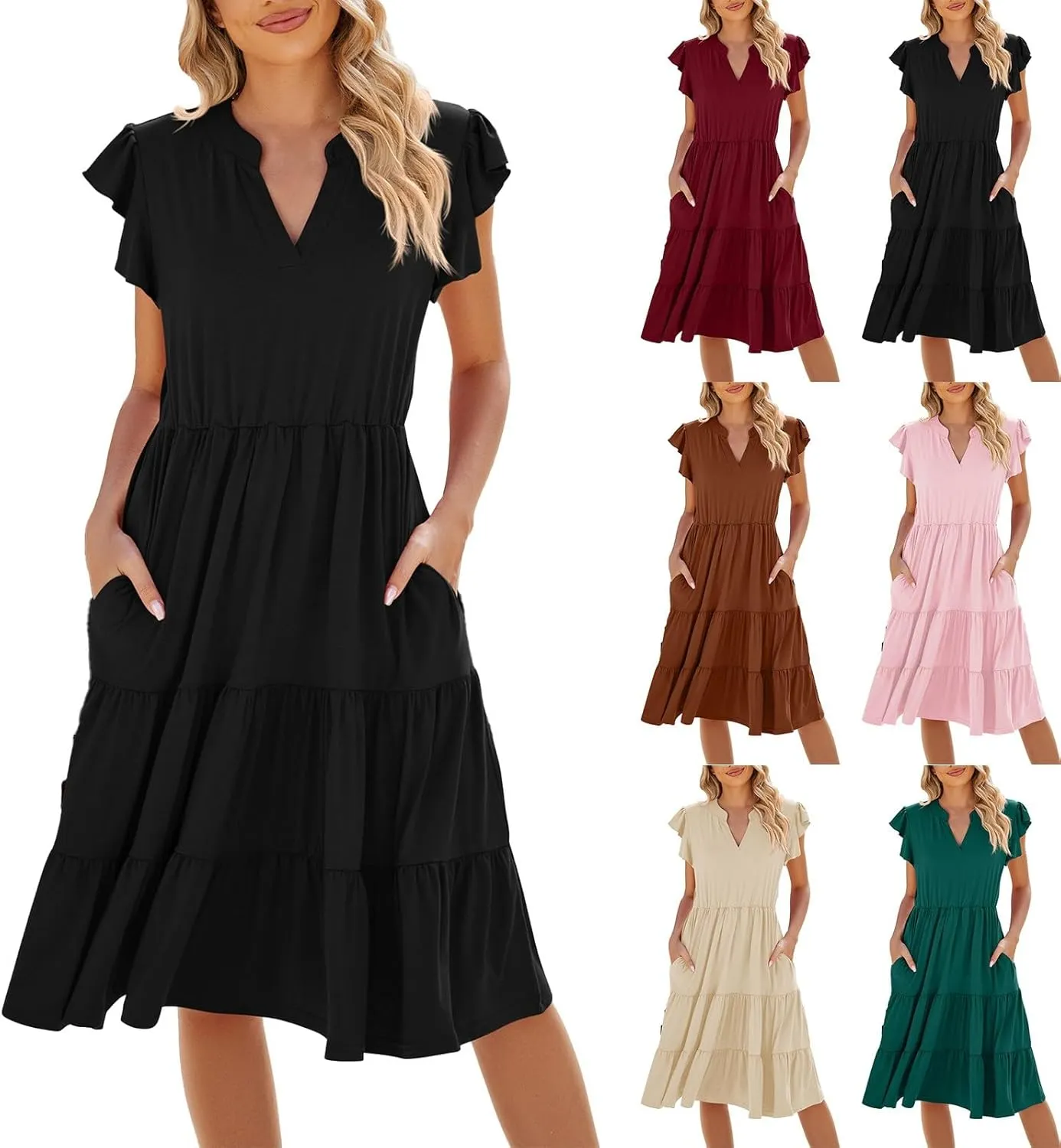 Midi Dresses for Women 2024 Summer V Neck Tiered Ruffle Sleeve Midi Dress Casual Flowy Sundress with Pockets
