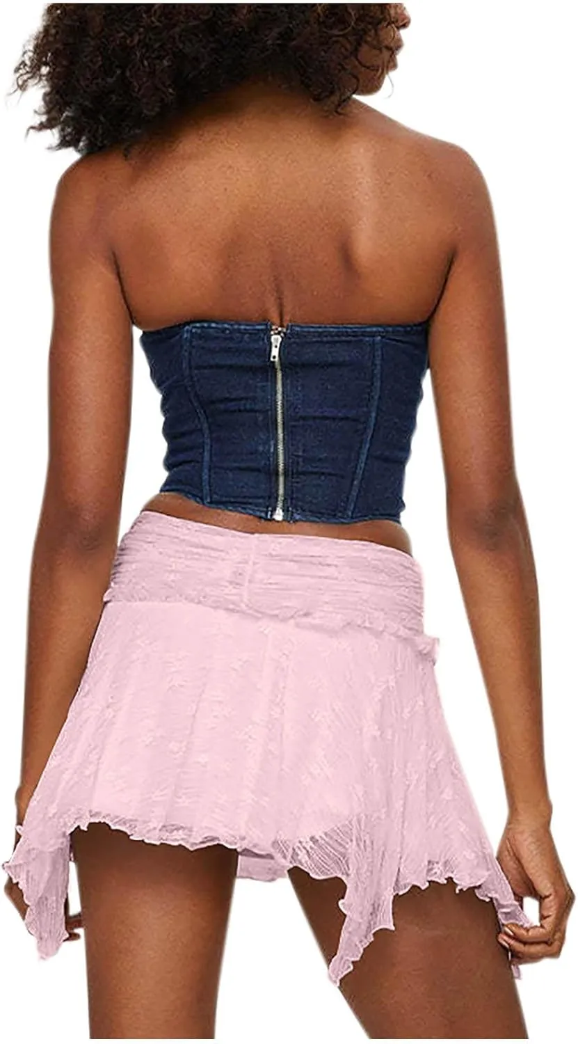 Mini Skirt for Women Solid Sexy Lace Low Rise Layered Pleated Flowy Skirts Casual Fashion Flowy Asymmetrical Skorts