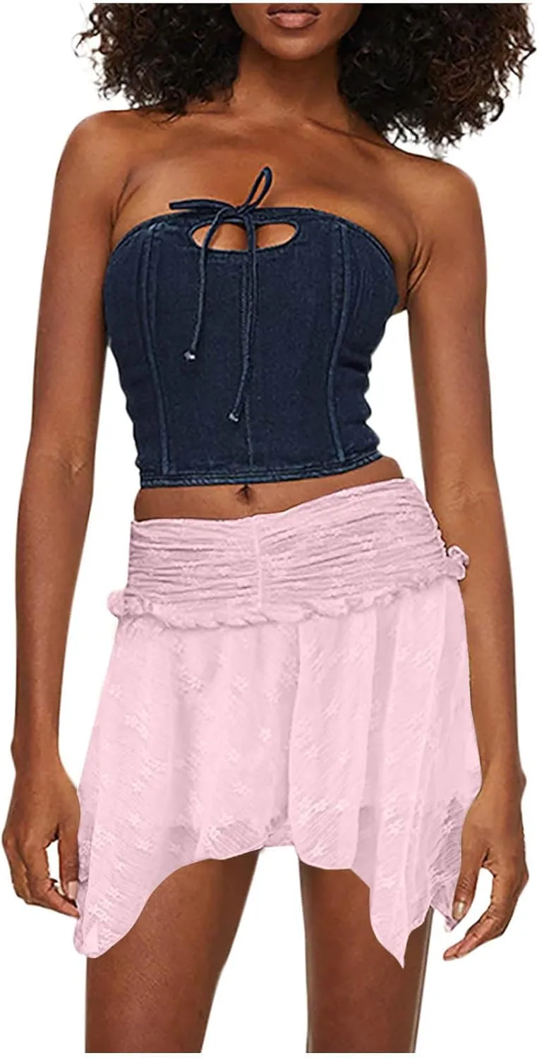 Mini Skirt for Women Solid Sexy Lace Low Rise Layered Pleated Flowy Skirts Casual Fashion Flowy Asymmetrical Skorts