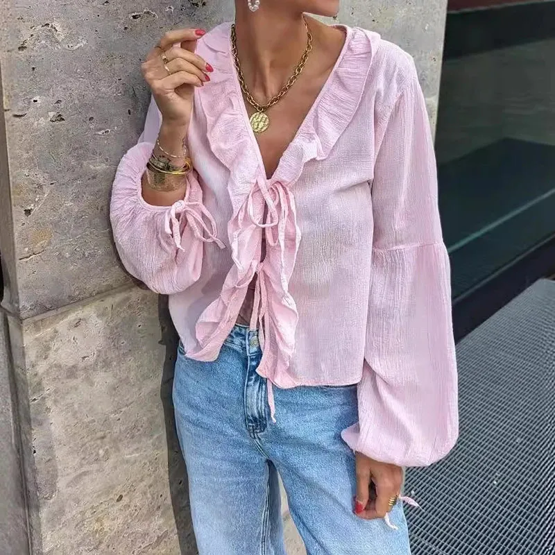 MQTIME  -  Ladies Office Solid Color Lace Up Top Tees Elegant High Street Long Sleeved Blouses New Spring Casual Ruffled V-Neck Loose Shirt