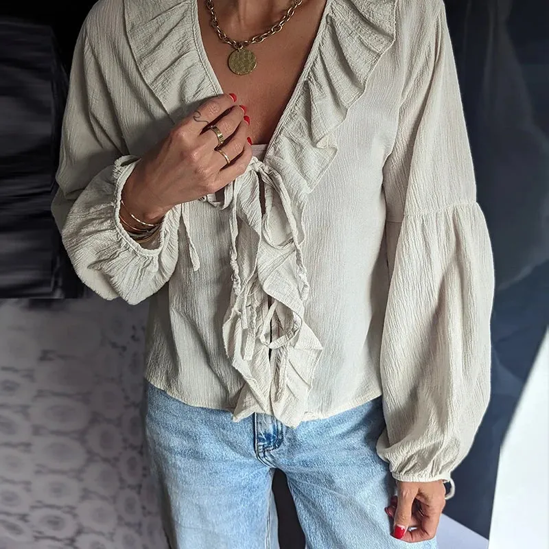 MQTIME  -  Ladies Office Solid Color Lace Up Top Tees Elegant High Street Long Sleeved Blouses New Spring Casual Ruffled V-Neck Loose Shirt