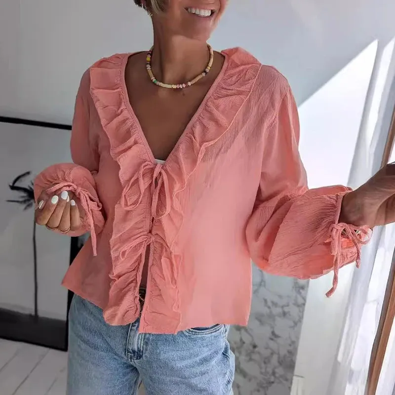 MQTIME  -  Ladies Office Solid Color Lace Up Top Tees Elegant High Street Long Sleeved Blouses New Spring Casual Ruffled V-Neck Loose Shirt